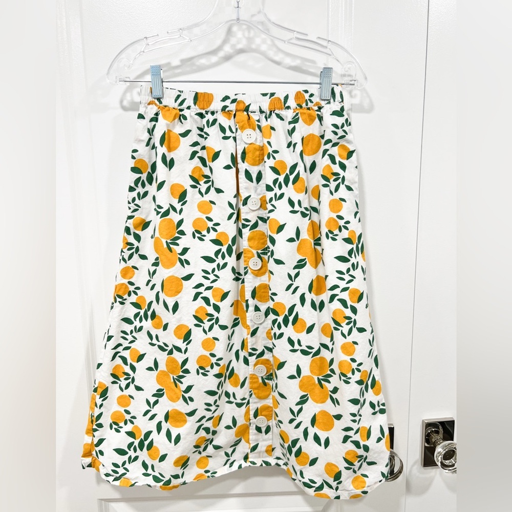Midi floral/fruit Button-Down Skirt with elastic waistband White and Orange (S) - Picture 1 of 5